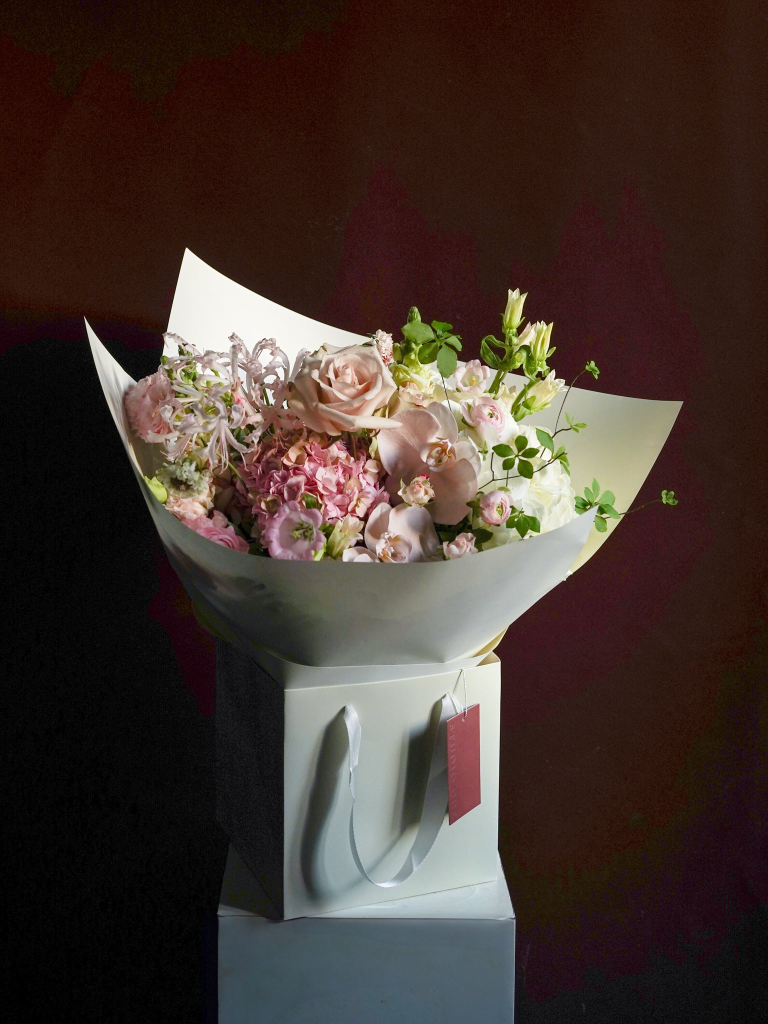 Studio Ode The Blush rose hydrangea and lisianthus bouquet in cream wrap | size:Small - 30cm