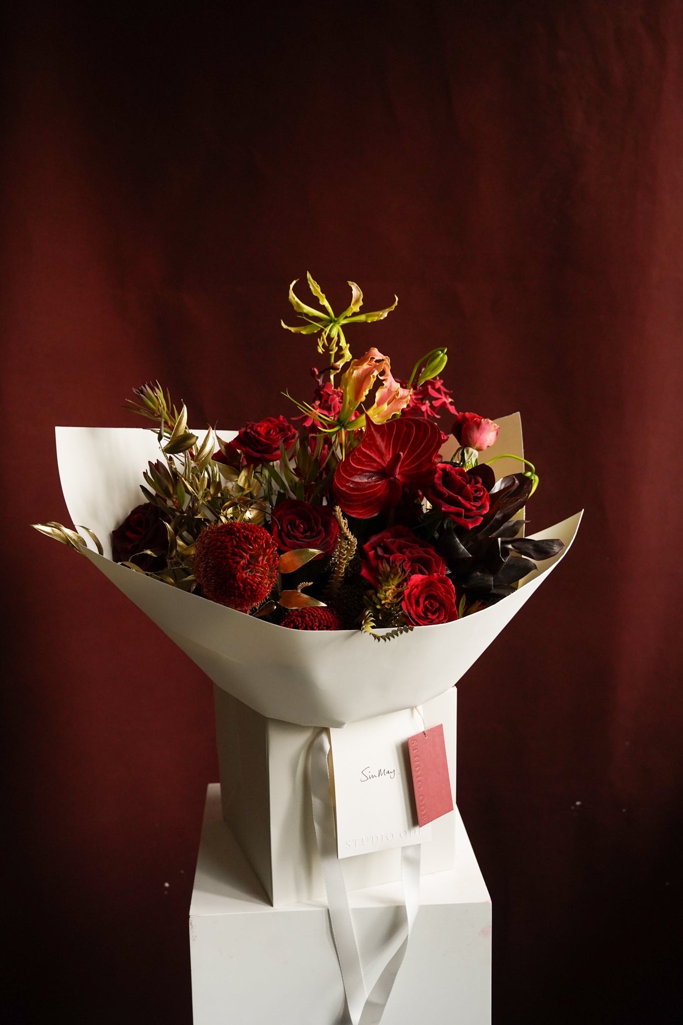 Studio Ode The Dramatic deep red rose anthurium and gloriosa bouquet Hong Kong